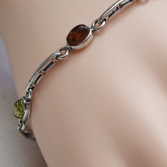 Baltic Amber multi color emerald fine 925 Sterling silver Link Bracelet - Picture 5 of 15